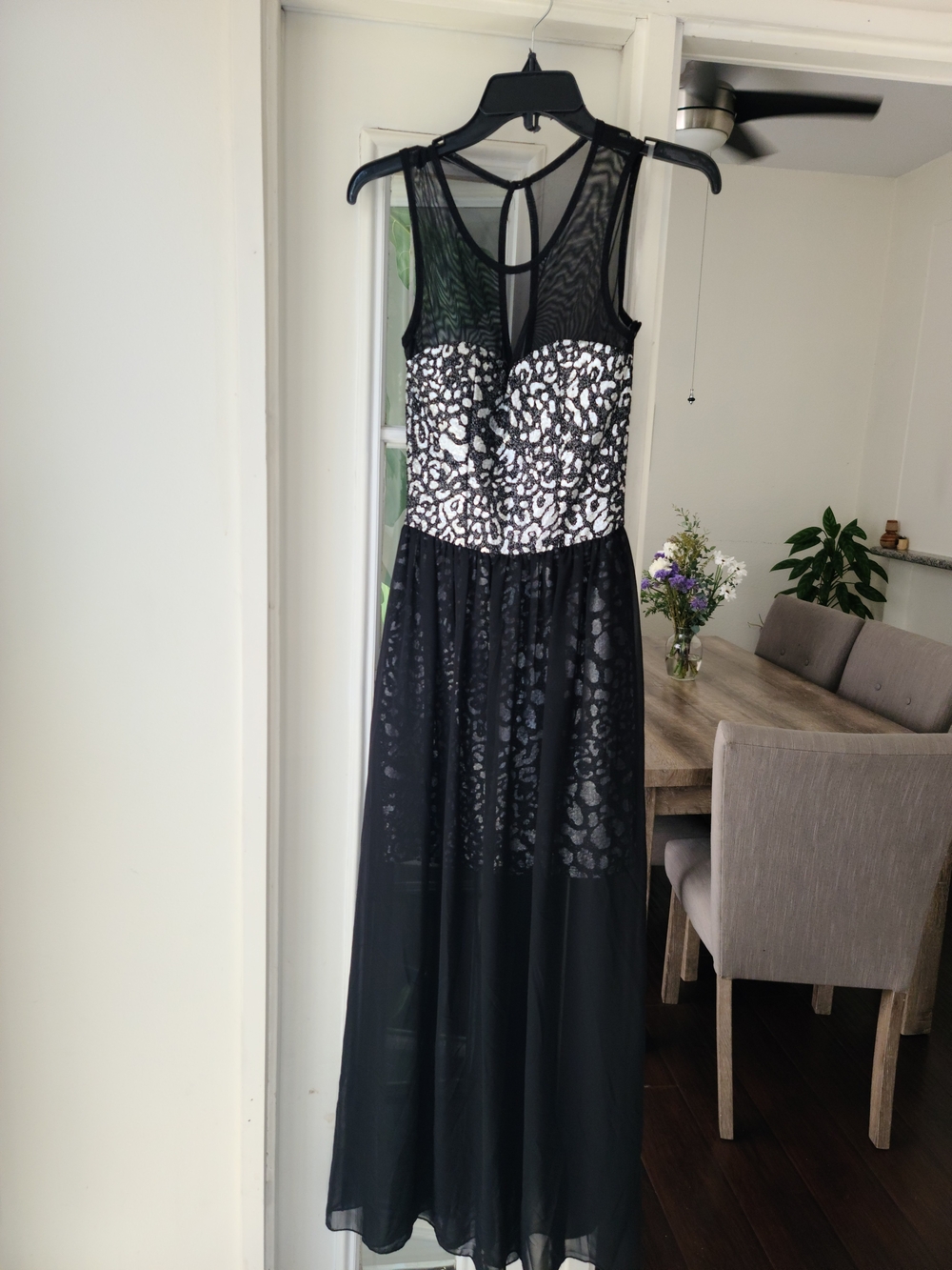 Black Mesh Maxi Dress with Silver Sequin Bodice